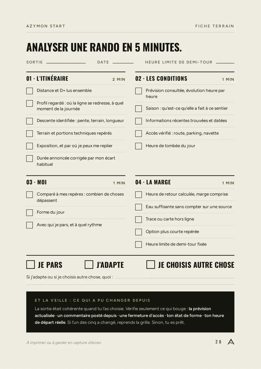 Aperçu d'une page du guide : la fiche pour analyser une randonnée en 5 minutes