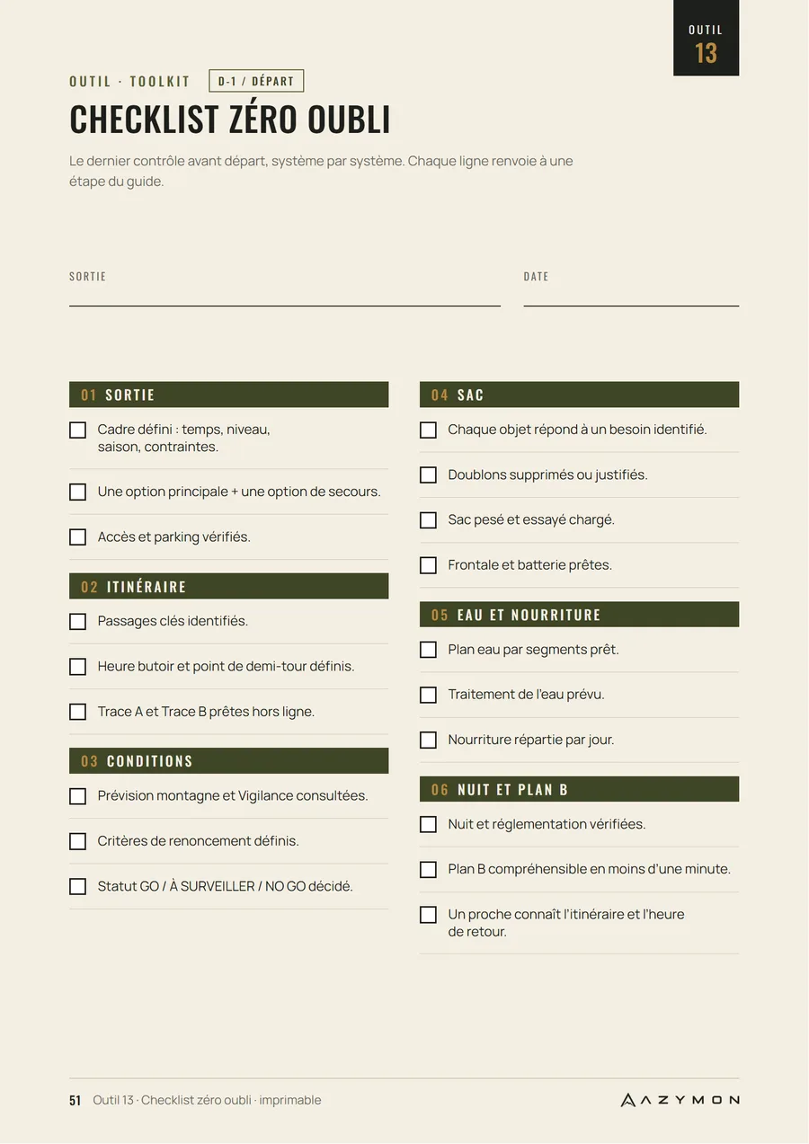 Aperçu d'une page du guide : la checklist zéro oubli à cocher avant le départ, système par système